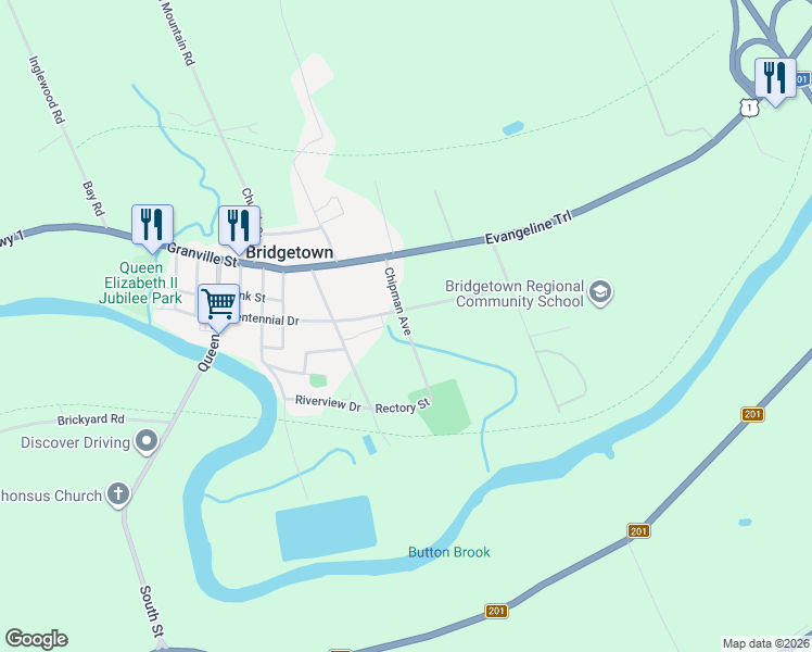 map of restaurants, bars, coffee shops, grocery stores, and more near Chipman Avenue in Bridgetown