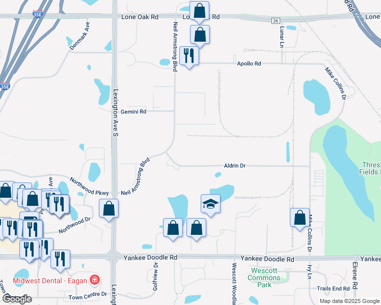 map of restaurants, bars, coffee shops, grocery stores, and more near 985 Aldrin Drive in Eagan