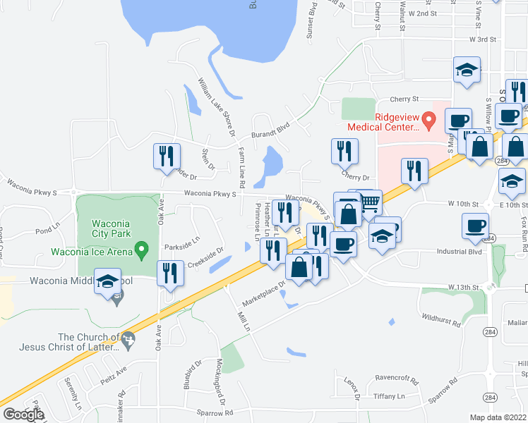 map of restaurants, bars, coffee shops, grocery stores, and more near 1028 Heather Lane in Waconia