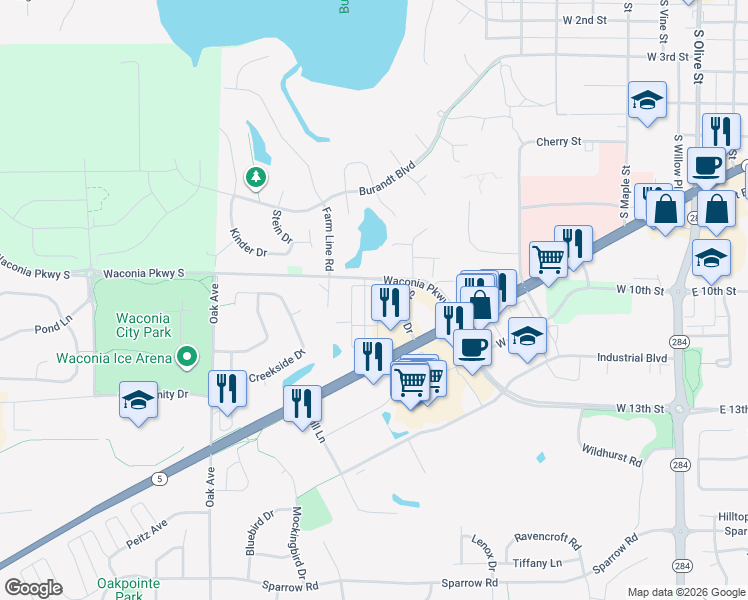 map of restaurants, bars, coffee shops, grocery stores, and more near 900 Strong Drive in Waconia