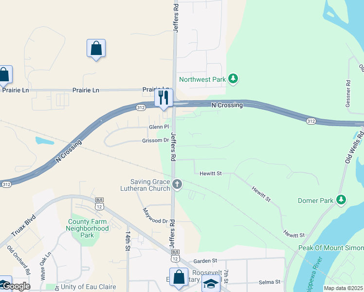 map of restaurants, bars, coffee shops, grocery stores, and more near 822 Hagman Street in Eau Claire