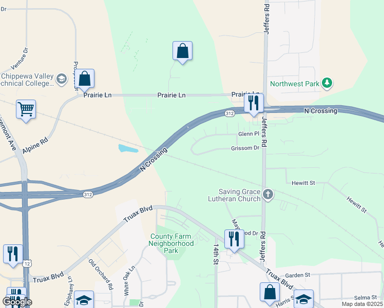 map of restaurants, bars, coffee shops, grocery stores, and more near 1435 Grissom Drive in Eau Claire