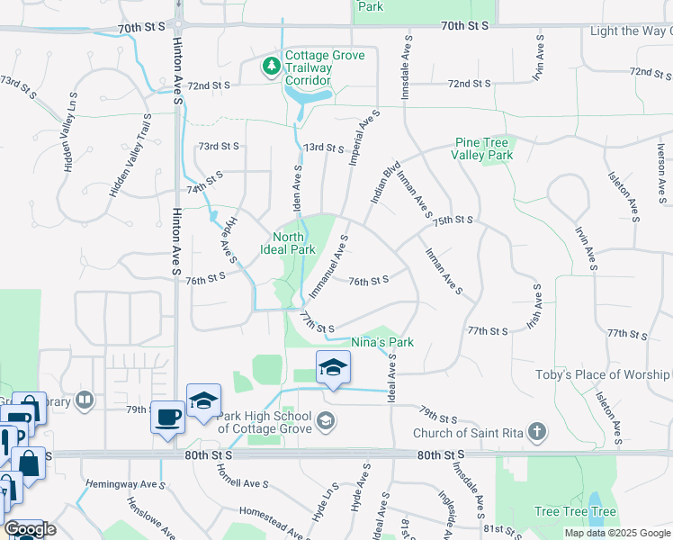 map of restaurants, bars, coffee shops, grocery stores, and more near 7587 Immanuel Avenue South in Cottage Grove