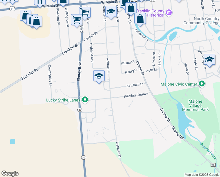 map of restaurants, bars, coffee shops, grocery stores, and more near 190 Webster Street in Malone