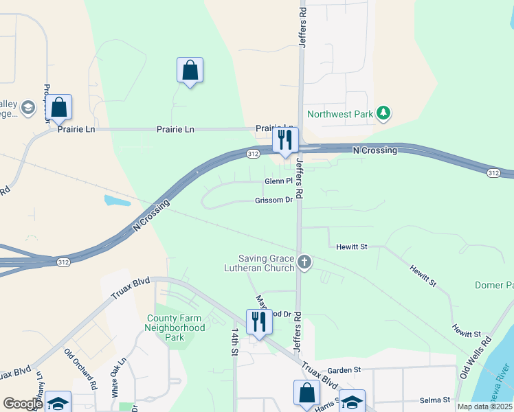 map of restaurants, bars, coffee shops, grocery stores, and more near 1203 Grissom Drive in Eau Claire