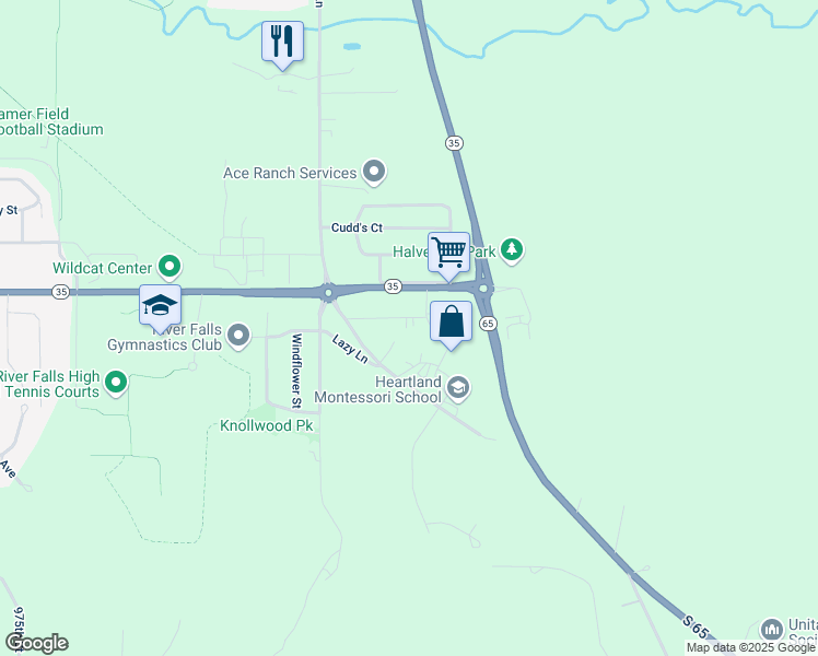 map of restaurants, bars, coffee shops, grocery stores, and more near N8268 945th Street in River Falls