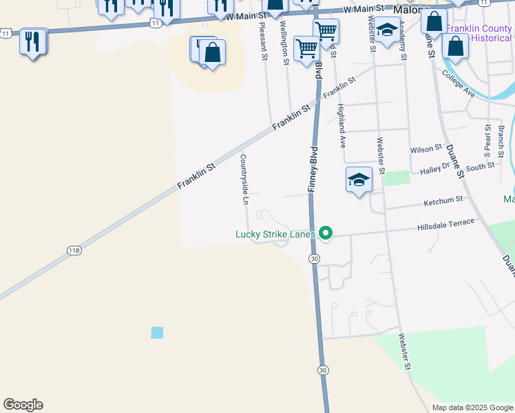 map of restaurants, bars, coffee shops, grocery stores, and more near 26 Lesperance Lane in Malone