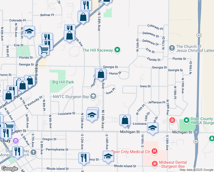 map of restaurants, bars, coffee shops, grocery stores, and more near 1404 Iowa Drive in Sturgeon Bay