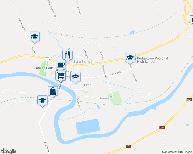 map of restaurants, bars, coffee shops, grocery stores, and more near 122 Centennial Drive in Bridgetown