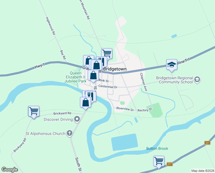 map of restaurants, bars, coffee shops, grocery stores, and more near 22 Washington Street in Bridgetown