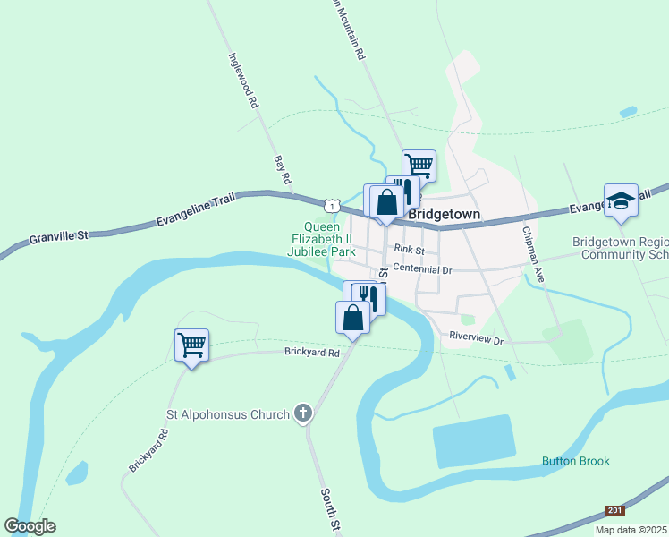 map of restaurants, bars, coffee shops, grocery stores, and more near 30 Water Street in Bridgetown