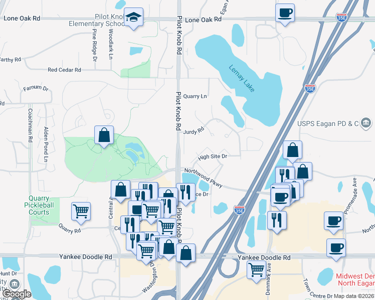map of restaurants, bars, coffee shops, grocery stores, and more near 1385 High Site Drive in Eagan