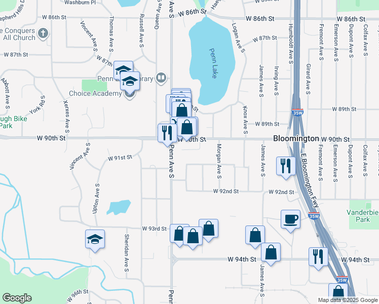 map of restaurants, bars, coffee shops, grocery stores, and more near 2132 West 91st Street in Minneapolis