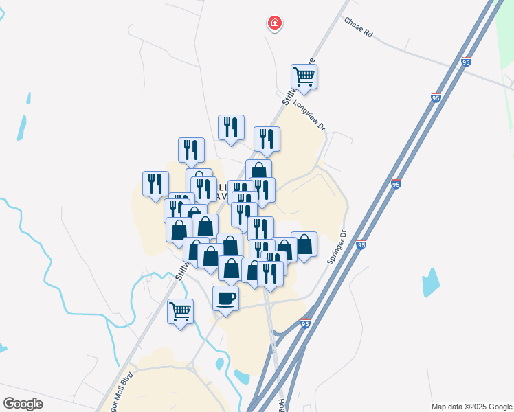 map of restaurants, bars, coffee shops, grocery stores, and more near 60 Longview Drive in Bangor