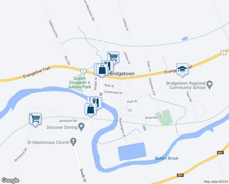 map of restaurants, bars, coffee shops, grocery stores, and more near 22 Washington Street in Bridgetown