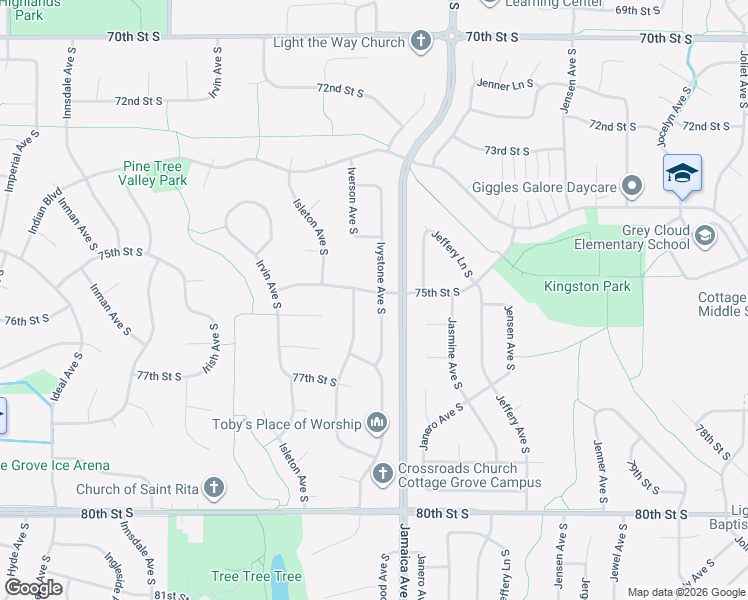 map of restaurants, bars, coffee shops, grocery stores, and more near 7558 Ivystone Avenue South in Cottage Grove