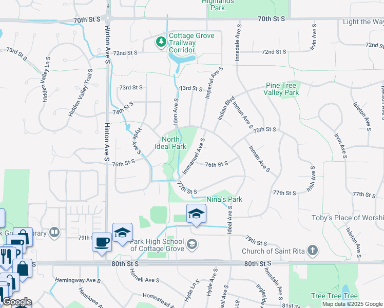 map of restaurants, bars, coffee shops, grocery stores, and more near 7587 Immanuel Avenue South in Cottage Grove
