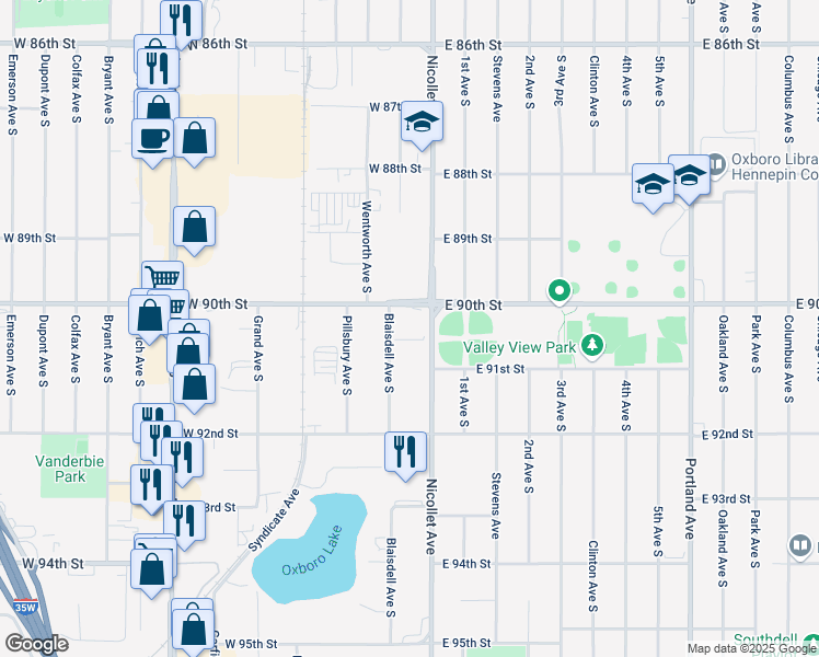 map of restaurants, bars, coffee shops, grocery stores, and more near 9000 Nicollet Avenue South in Bloomington