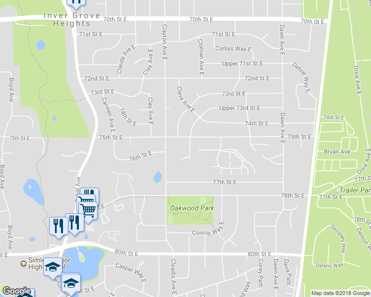 map of restaurants, bars, coffee shops, grocery stores, and more near 7555 Cloman Way East in Inver Grove Heights