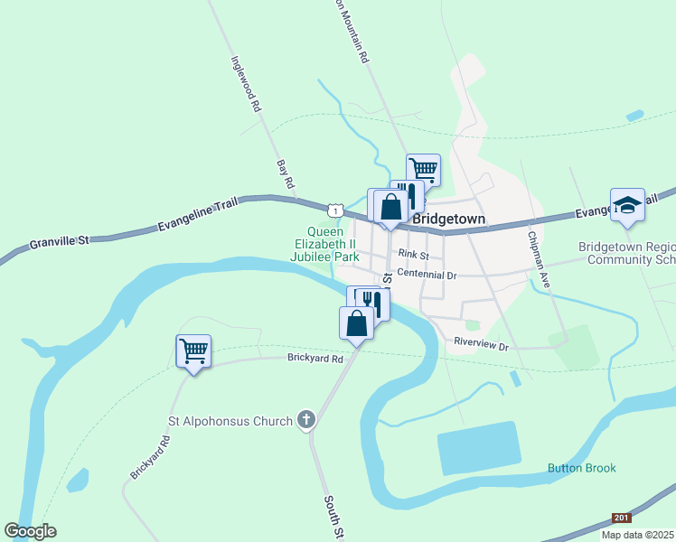 map of restaurants, bars, coffee shops, grocery stores, and more near 30 Water Street in Bridgetown