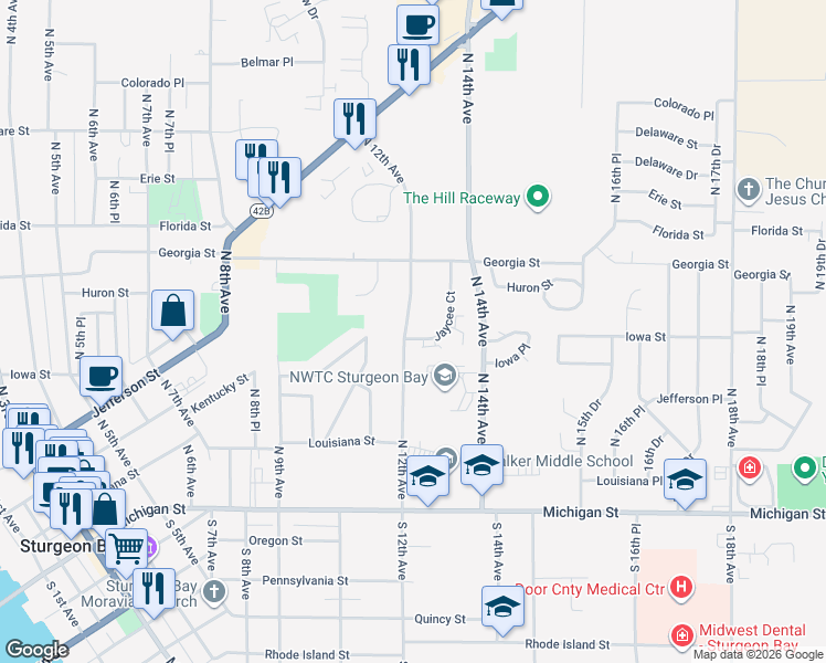 map of restaurants, bars, coffee shops, grocery stores, and more near 324 North 12th Avenue in Sturgeon Bay