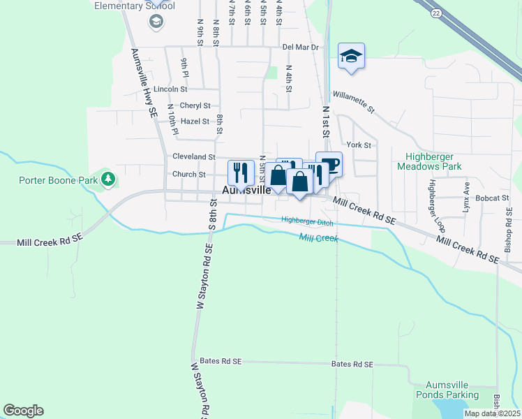map of restaurants, bars, coffee shops, grocery stores, and more near 201 South 5th Street in Aumsville
