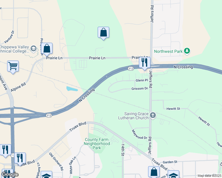 map of restaurants, bars, coffee shops, grocery stores, and more near 1435 Grissom Drive in Eau Claire