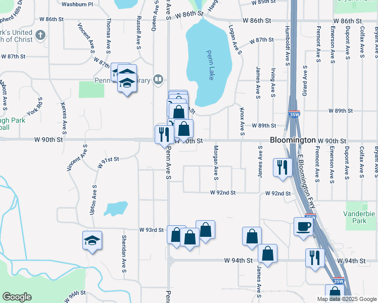 map of restaurants, bars, coffee shops, grocery stores, and more near 2132 West 91st Street in Minneapolis
