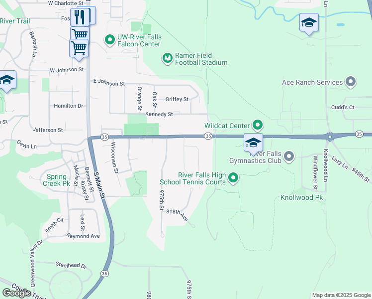 map of restaurants, bars, coffee shops, grocery stores, and more near 1725 Rodao Drive in River Falls