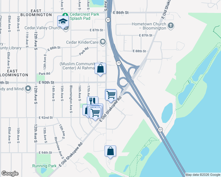 map of restaurants, bars, coffee shops, grocery stores, and more near 9015 Old Cedar Avenue South in Bloomington