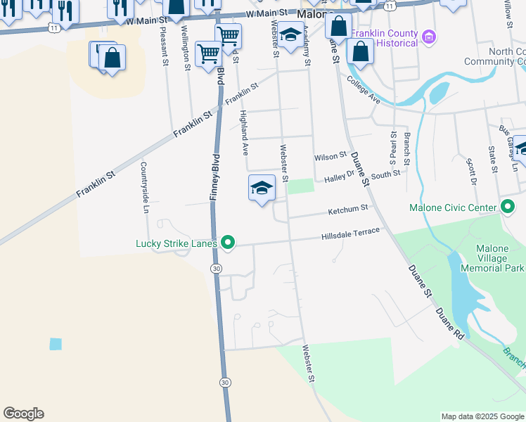 map of restaurants, bars, coffee shops, grocery stores, and more near 183 Webster Street in Malone