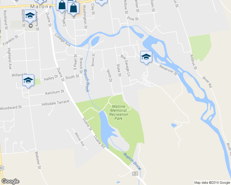 map of restaurants, bars, coffee shops, grocery stores, and more near 46 Scott Dr in Malone