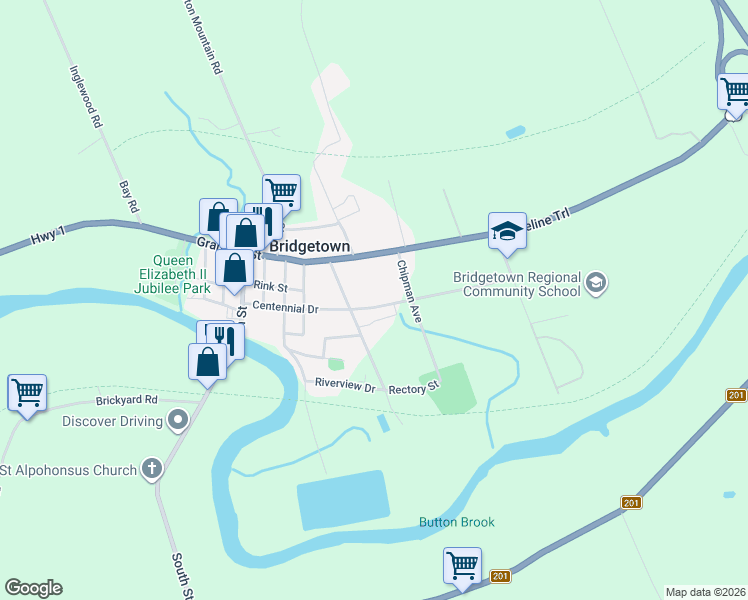 map of restaurants, bars, coffee shops, grocery stores, and more near 122 Centennial Drive in Bridgetown