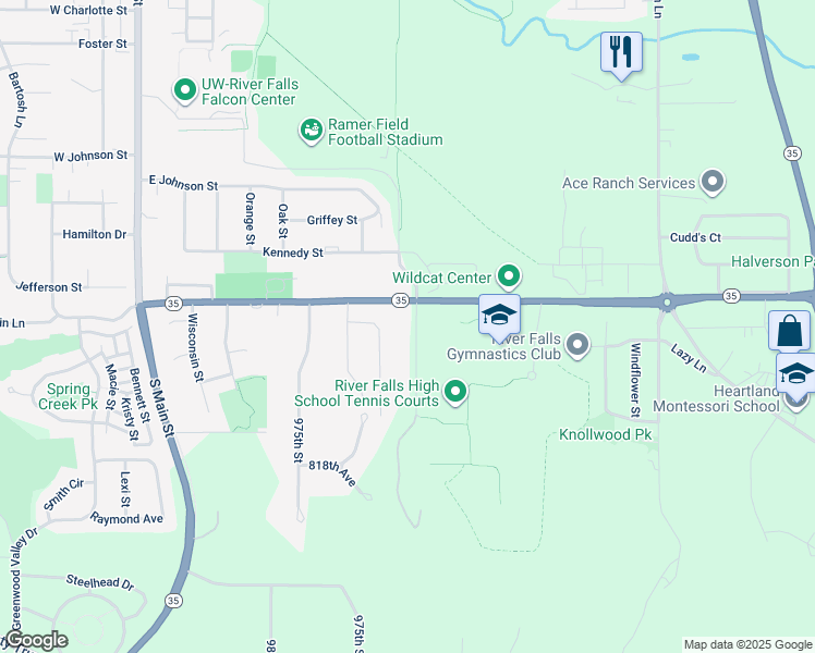 map of restaurants, bars, coffee shops, grocery stores, and more near 8259 965th Street in River Falls