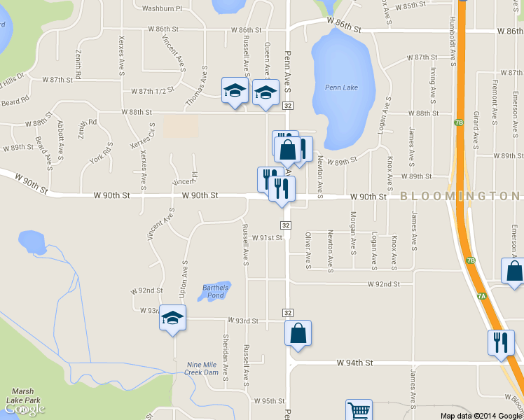 map of restaurants, bars, coffee shops, grocery stores, and more near 2400 West 91st Street in Minneapolis