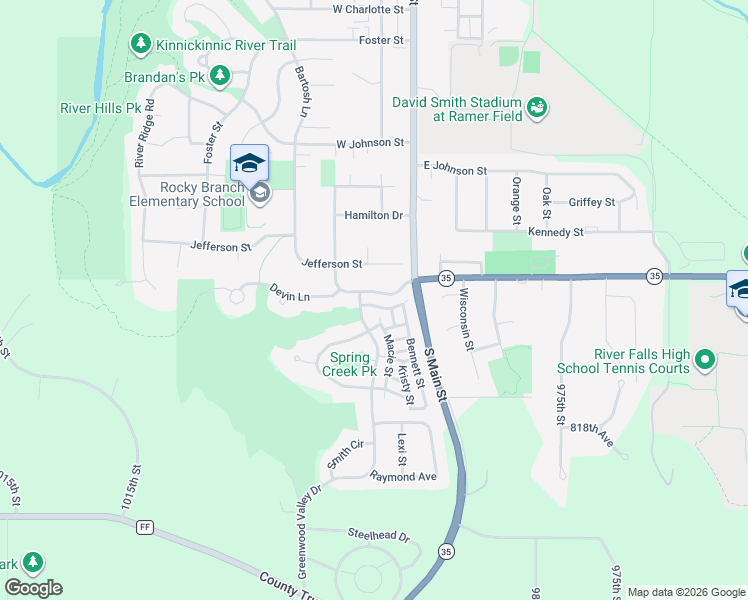 map of restaurants, bars, coffee shops, grocery stores, and more near 1716 Macie Street in River Falls