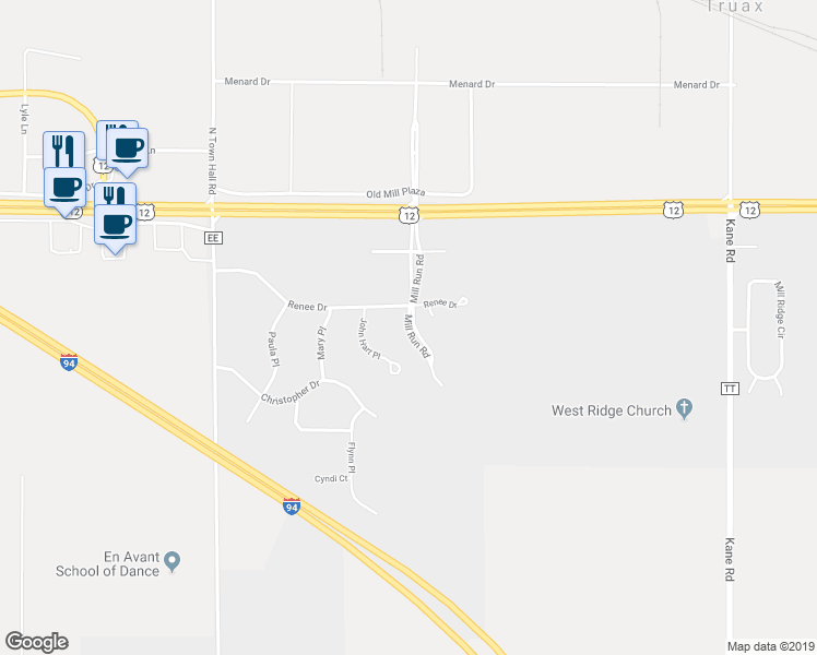map of restaurants, bars, coffee shops, grocery stores, and more near 3916 Mill Run Rd in Eau Claire