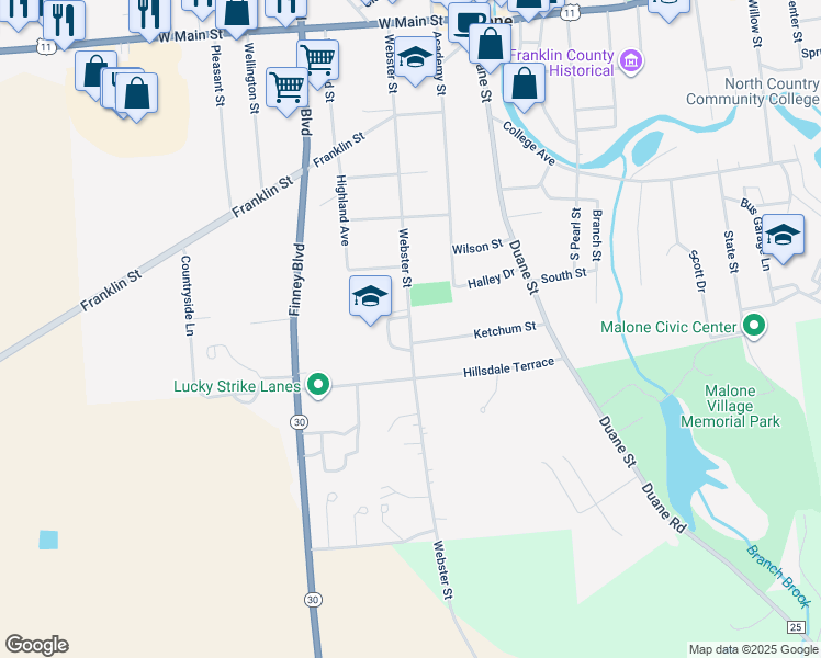 map of restaurants, bars, coffee shops, grocery stores, and more near 183 Webster Street in Malone