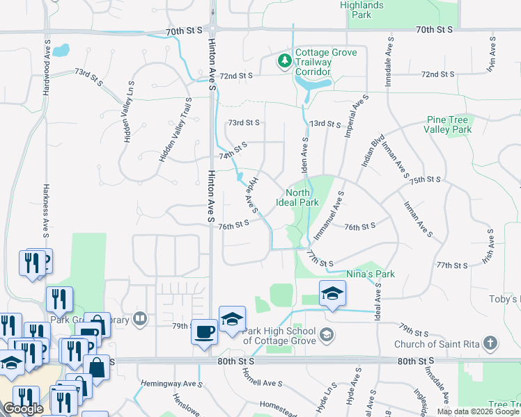 map of restaurants, bars, coffee shops, grocery stores, and more near 7625 Hyde Avenue South in Cottage Grove