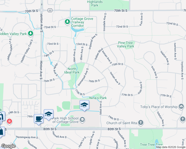 map of restaurants, bars, coffee shops, grocery stores, and more near 8210 76th Street South in Cottage Grove