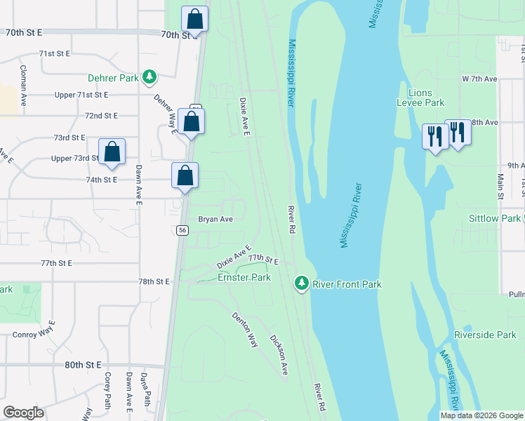 map of restaurants, bars, coffee shops, grocery stores, and more near 7521 River Road in Inver Grove Heights