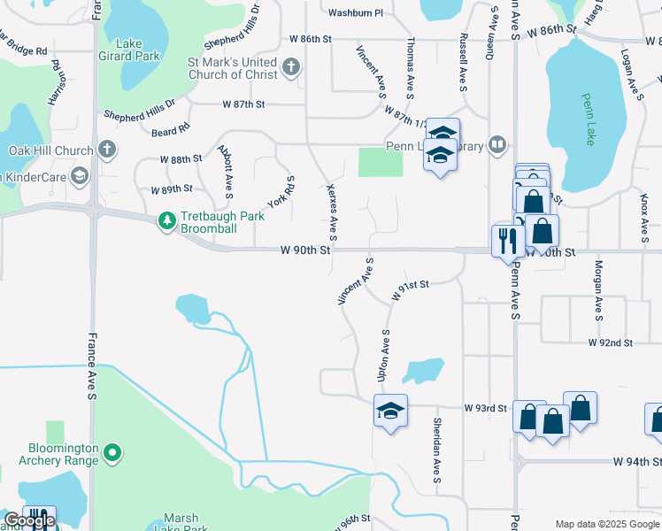map of restaurants, bars, coffee shops, grocery stores, and more near 8950 Xerxes Avenue South in Bloomington
