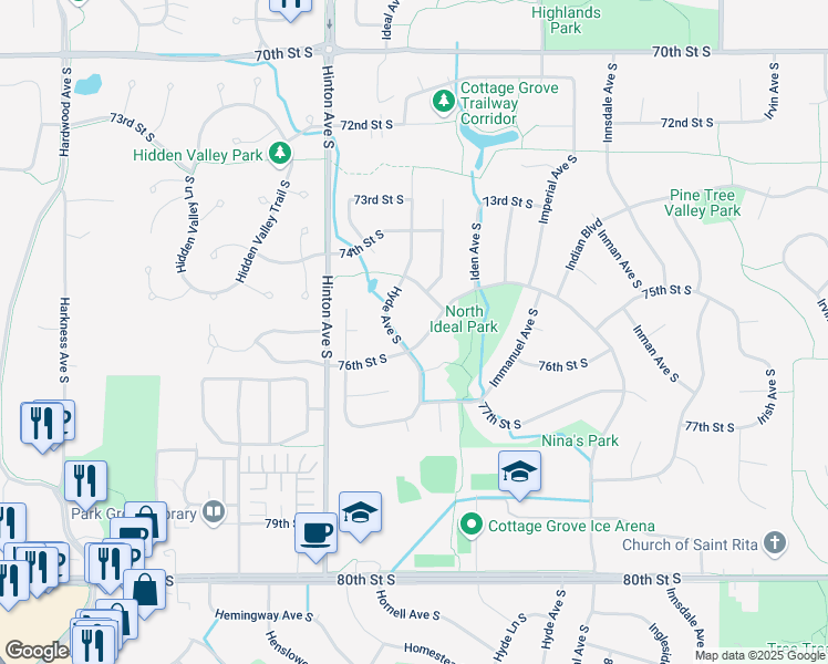 map of restaurants, bars, coffee shops, grocery stores, and more near 7565 Hyde Avenue South in Cottage Grove