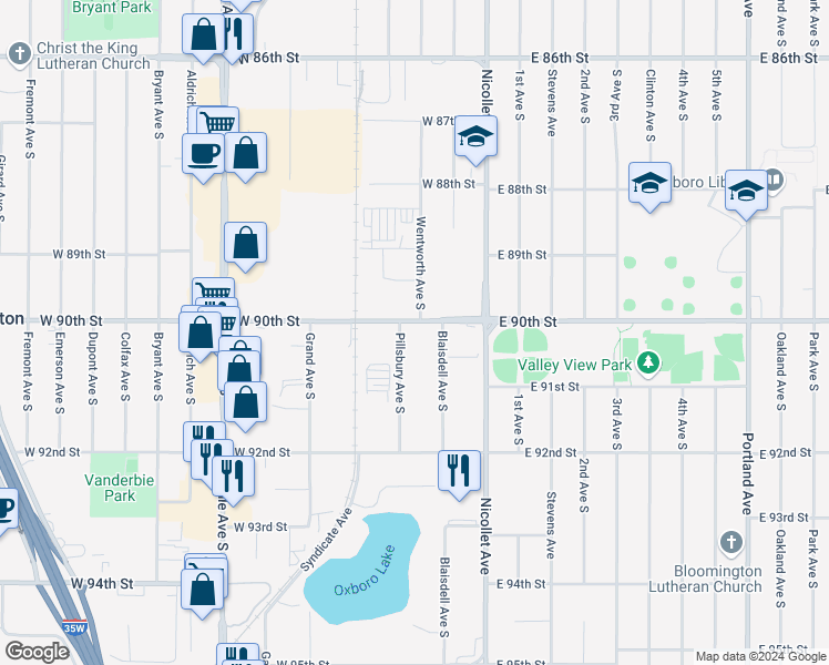 map of restaurants, bars, coffee shops, grocery stores, and more near 156 West 90th Street in Minneapolis