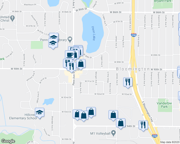 map of restaurants, bars, coffee shops, grocery stores, and more near 2100 West 90th Street in Minneapolis