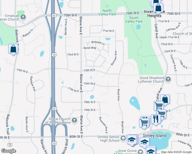 map of restaurants, bars, coffee shops, grocery stores, and more near 2600 75th Street East in Inver Grove Heights
