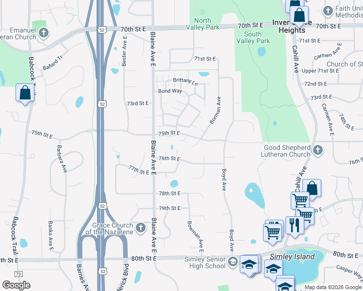 map of restaurants, bars, coffee shops, grocery stores, and more near 2600 75th Street East in Inver Grove Heights