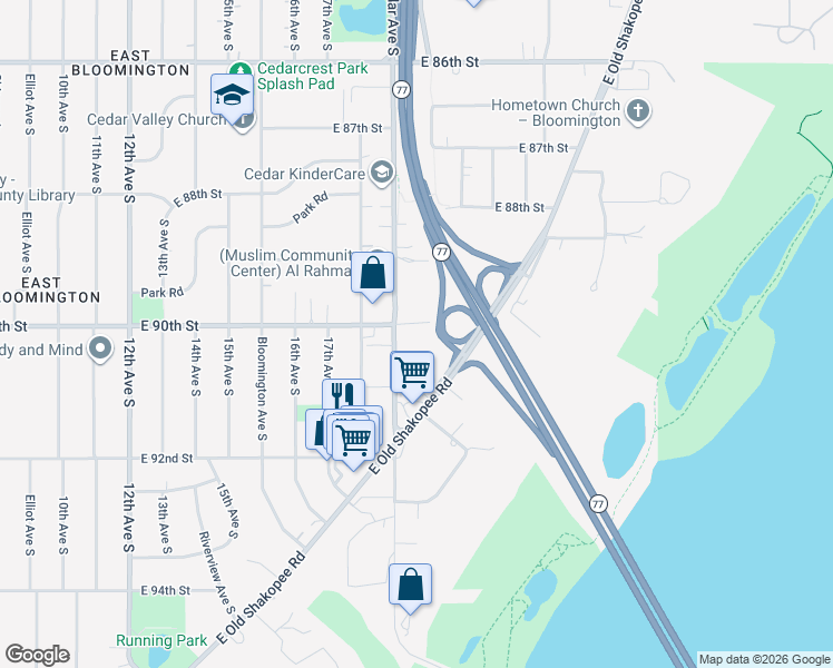 map of restaurants, bars, coffee shops, grocery stores, and more near 9005 Old Cedar Avenue South in Bloomington