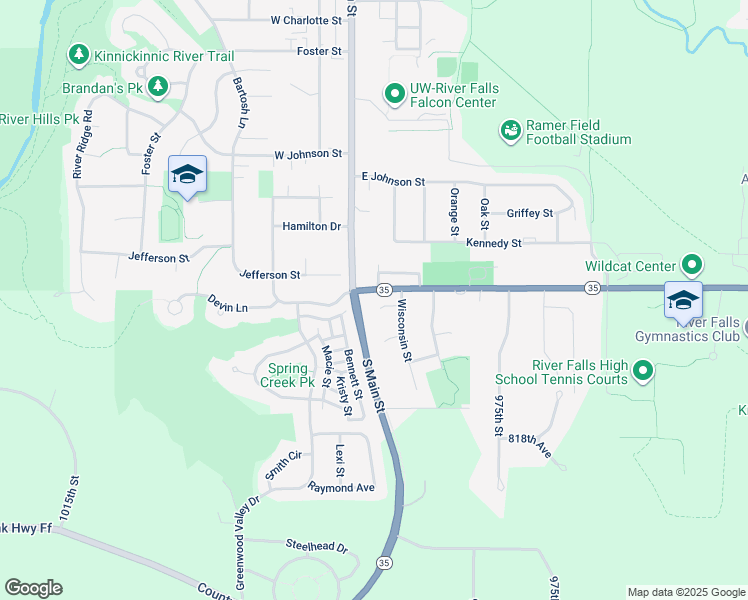 map of restaurants, bars, coffee shops, grocery stores, and more near 145 Butternut Court in River Falls