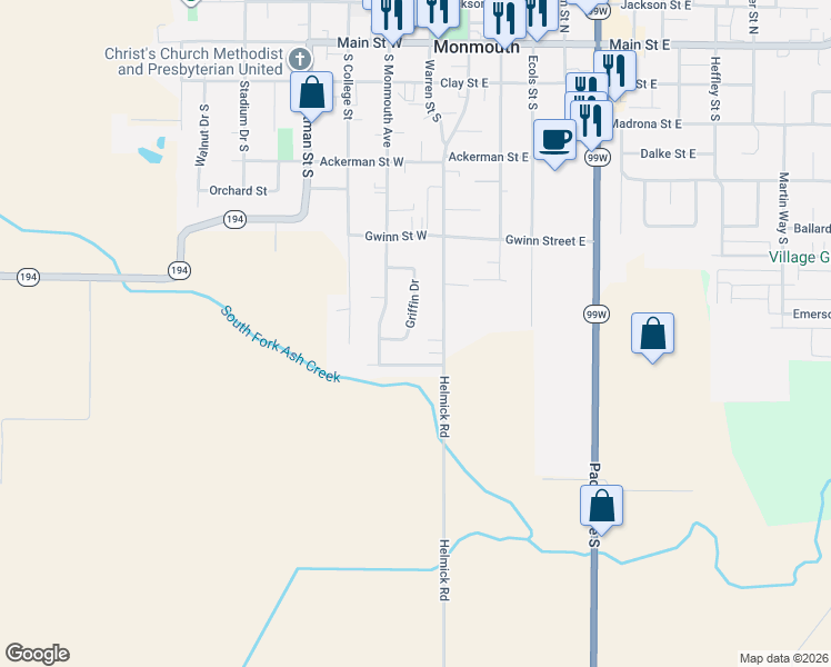 map of restaurants, bars, coffee shops, grocery stores, and more near 851 Griffin Drive in Monmouth